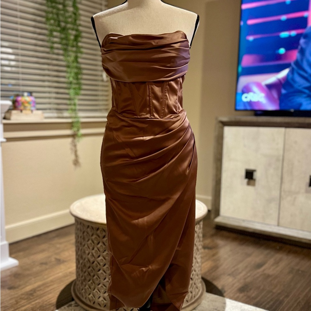 Bardot Strapless Satin Dress in Rich Brown
